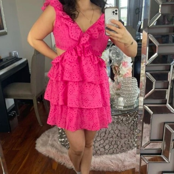 Pink / fuchsia Ruffle Trim Cut Out Eyelet Embroidery mini Dress tiered - Picture 6 of 8